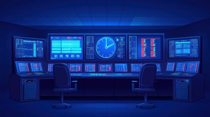 Poster - Futuristic control room with blue lighting and multiple screens displaying data and a clock.