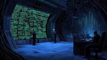 Poster - Futuristic control room with glowing screens and advanced technology featuring silhouettes of people engaged in tasks.