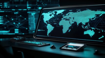 Poster - Futuristic control room with multiple screens displaying global data analytics and maps.