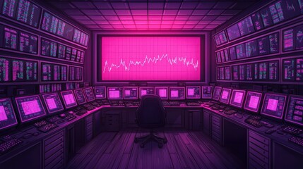 Poster - Futuristic control room with multiple screens displaying data and charts in a vibrant purple hue.