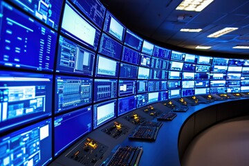 Poster - Futuristic control room with numerous screens and complex interfaces, showcasing advanced technology in action.