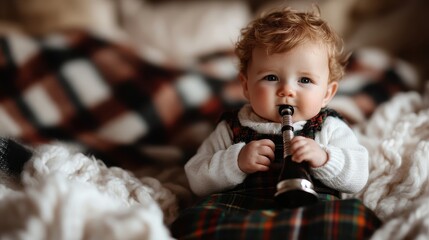 An adorably cute baby with curly hair in a plaid and knit outfit is playfully holding a small musical instrument while sitting on a soft, cozy blanket.