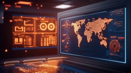 Poster - Futuristic interface with world map and data analysis displays in a control room setting.