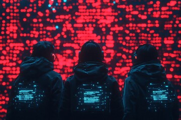 Poster - Three figures observe a data stream in a digital landscape, highlighting themes of technology and cybersecurity.