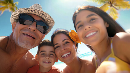 Lively family members share a carefree day at the beach, playing together and celebrating their bonds amid the tropical sun and gentle waves