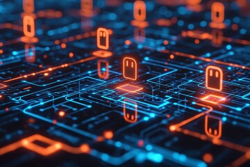 Poster - Vibrant digital circuit design with glowing icons, showcasing advanced technology and connectivity in a futuristic environment.
