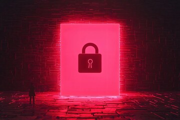 Poster - A captivating digital lock symbol glowing in red light, representing security, protection, and privacy in a modern world.