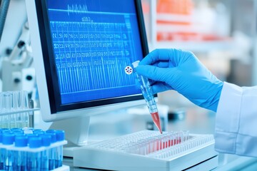 Hand in blue glove holding test tube with blood sample, computer monitor displaying medical data, laboratory setting.