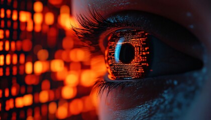Poster - a close-up of an eye reflecting digital patterns and vibrant orange light, symbolizing technology an