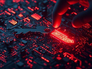 Poster - A close-up of a finger interacting with a glowing circuit board, showcasing technology innovation with vibrant red lights.