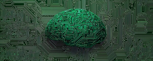 Poster - A digital brain concept showcasing technology, circuits, and innovation in green tones on a dark background.