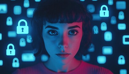 Poster - A focused individual surrounded by digital security icons, representing themes of cybersecurity and data protection.