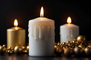 candles surrounded by christmas golden ornaments on a dark background 