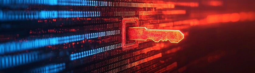 Poster - A key symbolizing security and access amid digital patterns of light, representing technology and information unlock.
