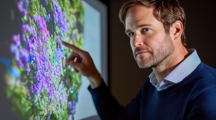 Poster - Person interacting with digital display, analyzing data visuals and statistics in a modern office environment.
