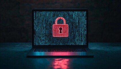 Poster - A laptop displaying a glowing padlock against a dark digital background, symbolizing cybersecurity and data protection.