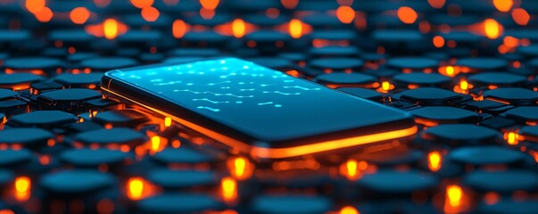 Poster - A modern smartphone illuminated by vibrant lights, showcasing digital interaction on a sleek device against a blurred background.