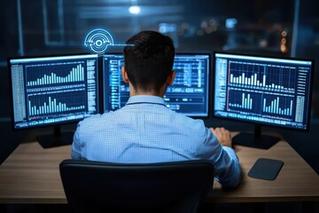 Poster - Professional man analyzes data on multiple screens, showcasing modern technology and analytics in a corporate environment.