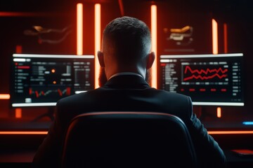 Poster - Professional working in a modern office, analyzing data on multiple screens with dynamic graphs and charts.
