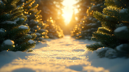 An Ethereal Fantasy of Winter Light: Decorated Spruce Trees Inviting Holiday Cheer in a Serene Forest