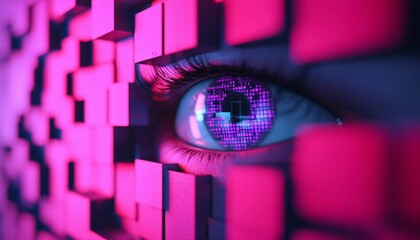 Poster - A striking close-up of an eye with digital patterns, surrounded by vibrant pink and purple cubes, representing technology and vision.