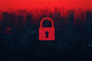 Poster - A striking red urban scene featuring a lock symbol, representing security, privacy, and digital protection in a modern city landscape.