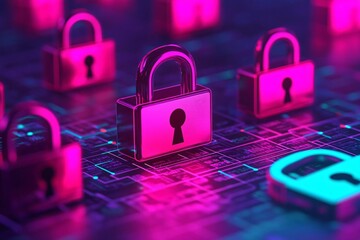 Poster - A vibrant digital concept featuring illuminated locks representing cybersecurity and data protection in a modern tech environment.