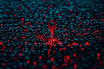 Poster - A vibrant digital key illuminated in red, symbolizing security and access amidst a sea of data and codes in blue tones.