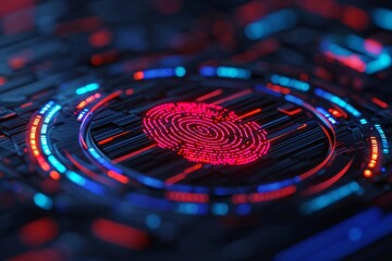 Poster - A vibrant digital fingerprint on a futuristic tech background, showcasing neon colors and intricate patterns in a cybernetic design.