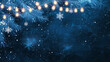 © adilanwer - Blue pine branches with white snowflakes and warm lights on a dark blue background Winter holiday design.