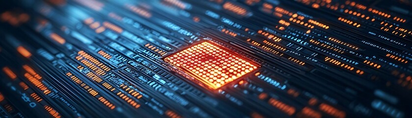 Poster - Abstract representation of a glowing microchip surrounded by digital data streams, symbolizing technology and innovation.