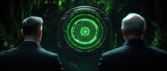 Two men observing a futuristic green interface in a dense, lush forest environment.