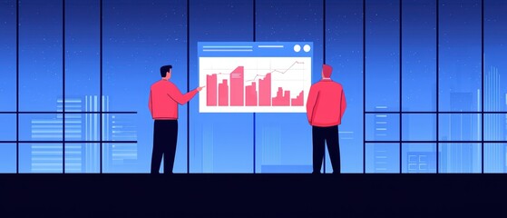 Poster - Two professionals analyze data on a screen in a modern office with city skyline views, emphasizing teamwork and strategy.
