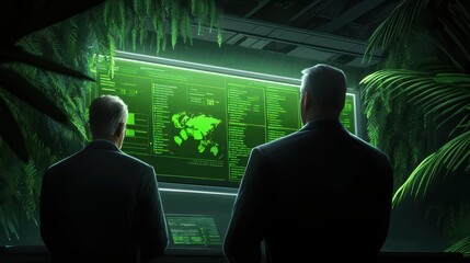 Poster - Two professionals analyze data on a large digital screen surrounded by greenery.