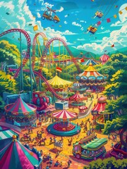 Poster - Visitors experience excitement at an amusement park, riding carousels and roller coasters amid colorful attractions and happy crowds. Generative AI