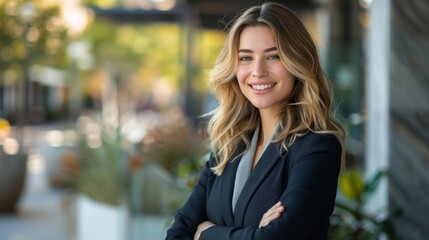 Businesswoman in formal suit, smiling confidently while looking to the side, standing in a modern outdoor setting