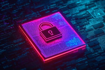 Poster - Digital padlock on a glowing interface symbolizes cybersecurity and protection in a vibrant, high-tech environment.
