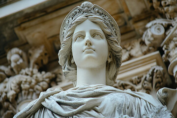 A statue of a woman with a crown on her head. The statue is white and has a very regal appearance