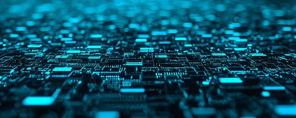 Poster - Futuristic circuit board with vibrant blue lighting, showcasing intricate technology and digital connections.