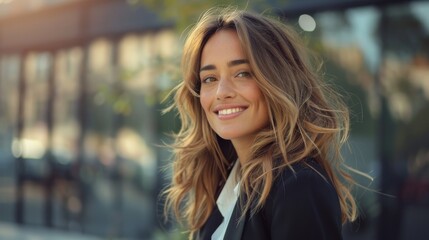 Businesswoman in formal suit, smiling confidently while looking to the side, standing in a modern outdoor setting