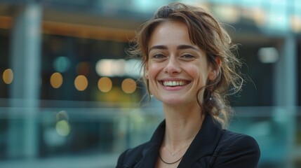 Businesswoman in formal suit, smiling confidently while looking to the side, standing in a modern outdoor setting