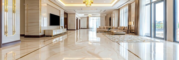 interior design photography, living room open area Cream with gold fixtures, 