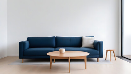 round wood coffee table near blue sofa white wall copy space minimalist scandinavian home interior design modern living room