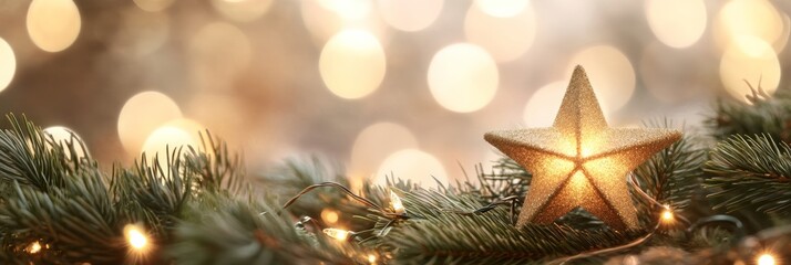 Poster - A close-up of a star-shaped light on a Christmas tree, glowing warmly against a bokeh background, perfect for festive settings.