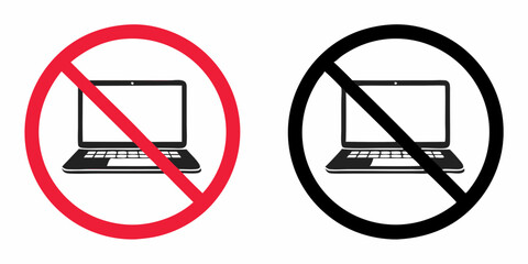 Laptop prohibition icons in red and black circles, indicating device usage ban
