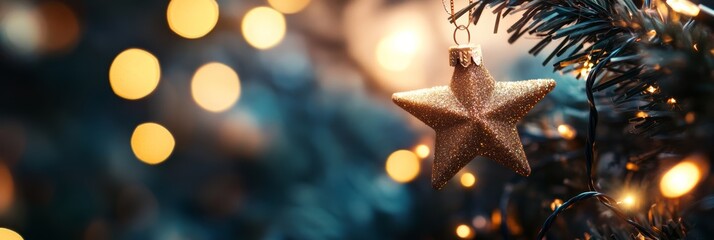 Poster - Golden star ornament hanging on a Christmas tree branch with warm festive lights. Great for Christmas and New Year holiday decorations.