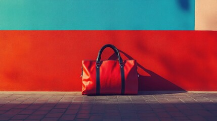 Vibrant Red Leather Bag Against Colorful Background in Sunlight