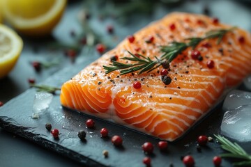 Canvas Print - Freshly prepared salmon fillet garnished with herbs and spices, served with lemon slices on a dark slate surface