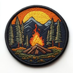 mountain landscape campfire embroidered patch badge on isolated white background, vector badge and p
