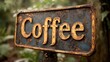 © aicandy - A beautifully weathered rustic metal sign in the forest displaying the word Coffee indicating a nearby coffee shop or cafe amid the lush greenery